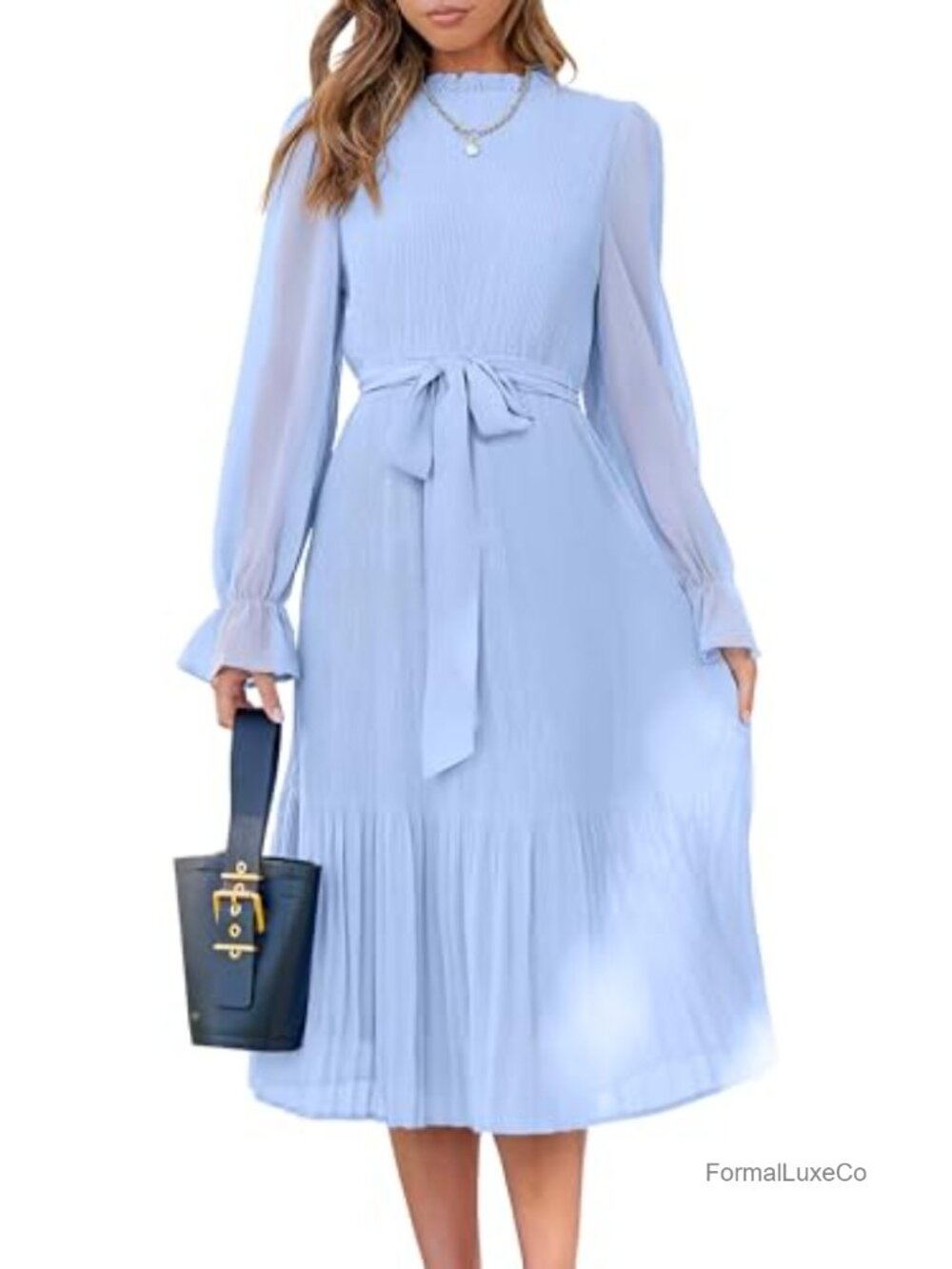 Women Floral Midi Dress Puff Long Sleeve A-Line Wedding Guest